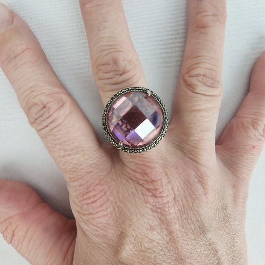925 Sterling Silver Purple Faceted Stone Statement Ring Size 9