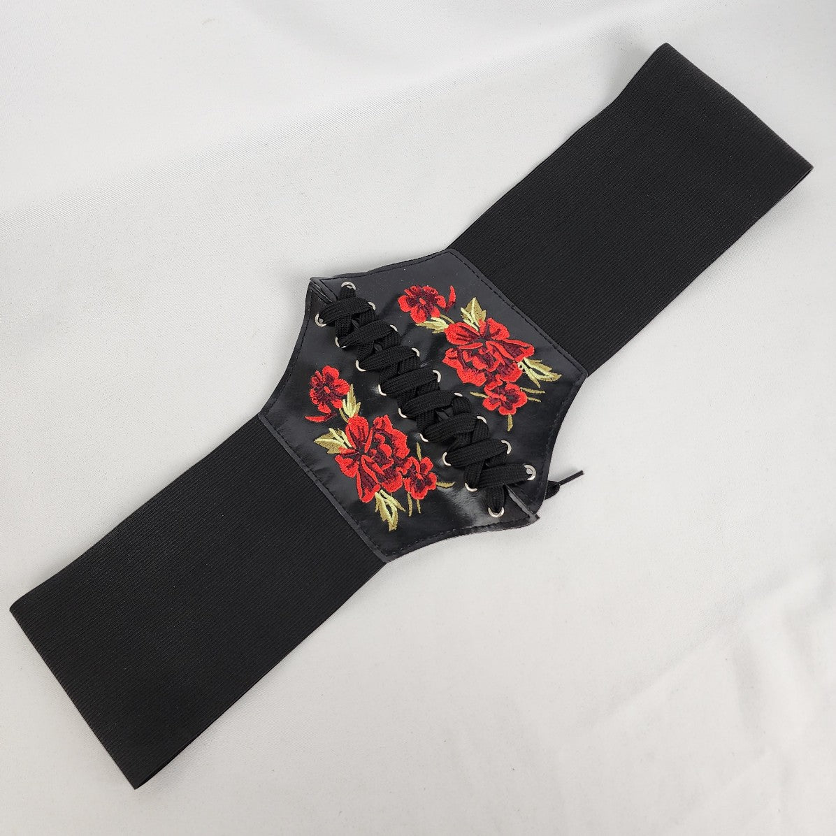 Red Rose Embroidered Black Stretch Wide Belt Size XL