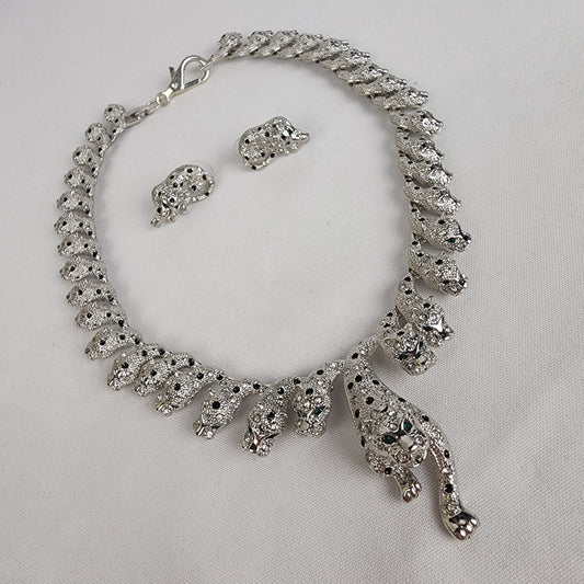 Silver Tone Jaguar Rhinestone Necklace & Earring Set