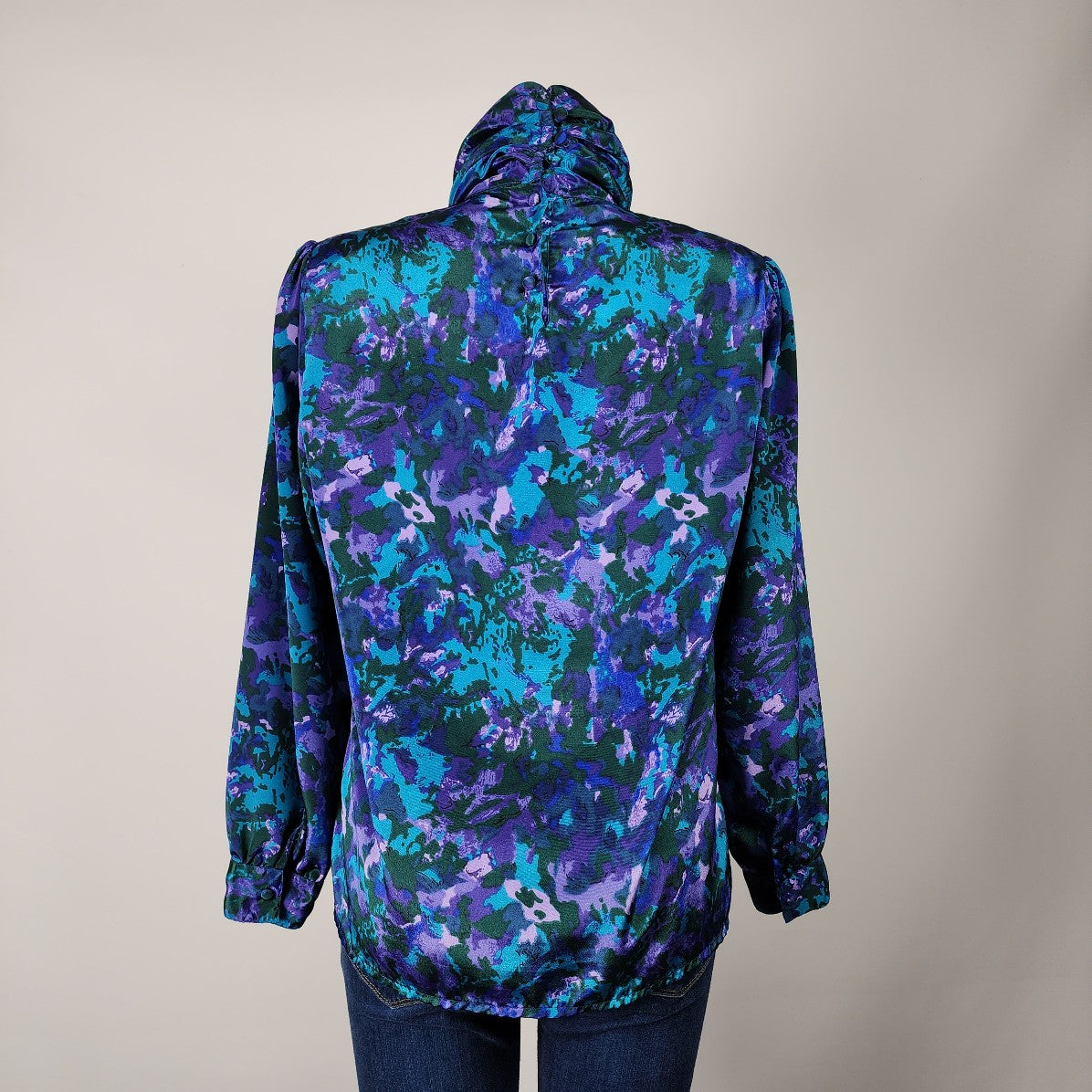 Vintage Susan Van Heusen Blue & Purple High Neck Silky Blouse Size 14