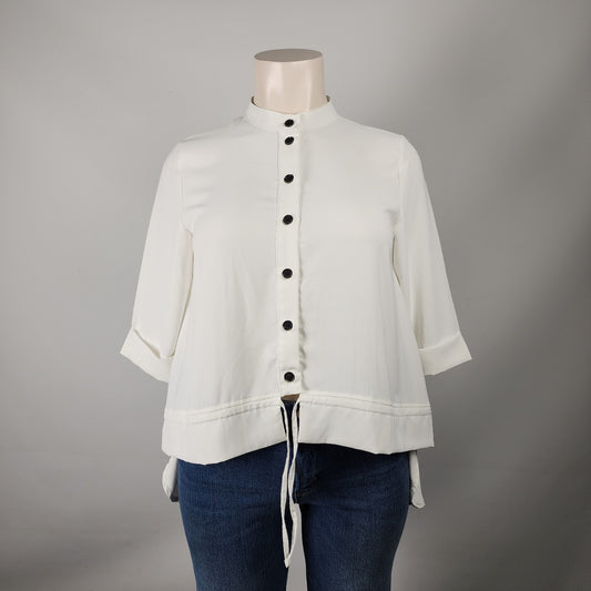 Sassy White Button Up High Low Blouse Top Size L