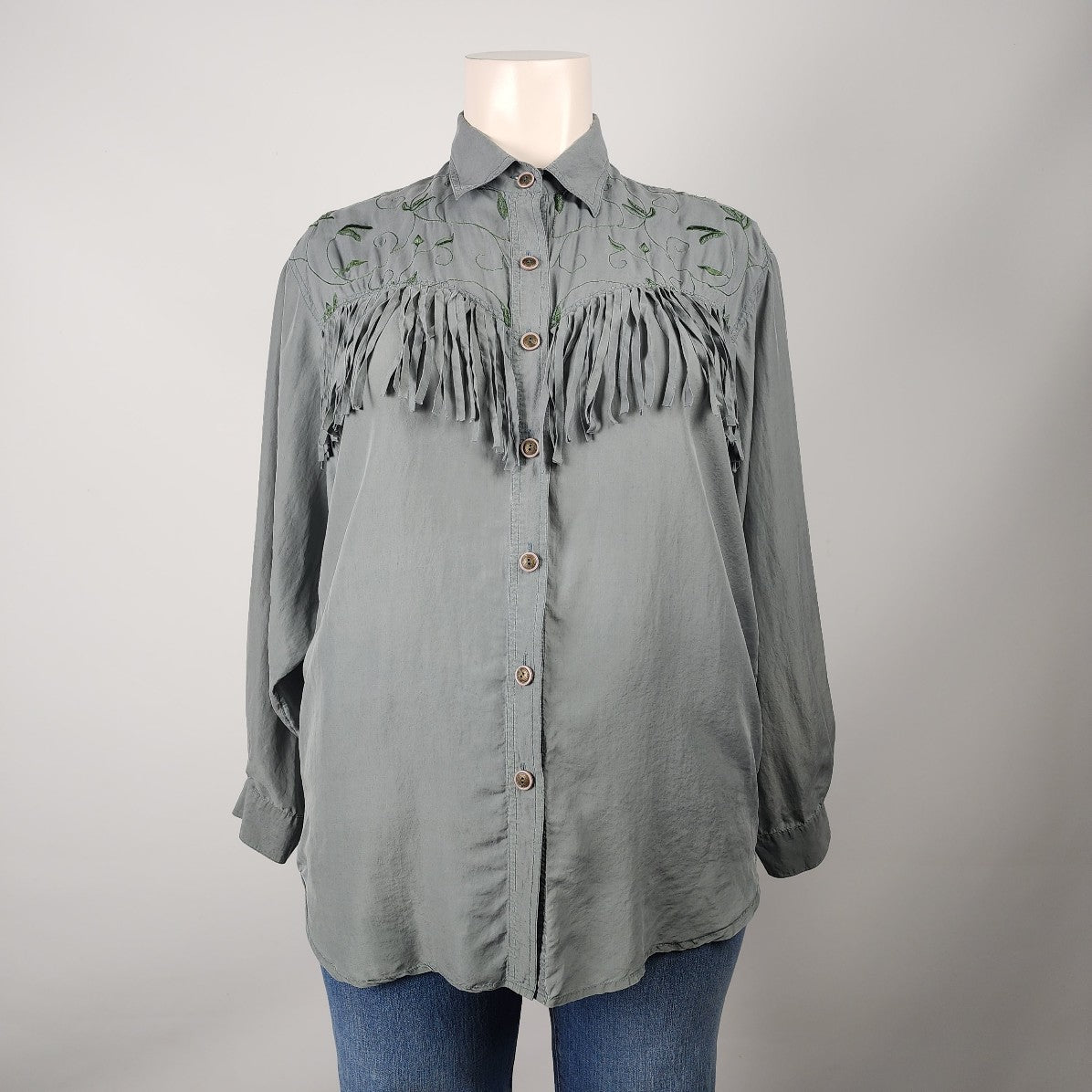 Vintage Her Green Silk Fringe Button Up Blouse Top Size L