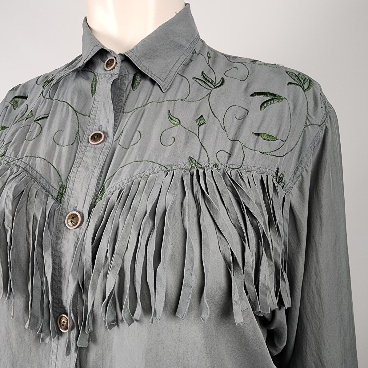 Vintage Her Green Silk Fringe Button Up Blouse Top Size L