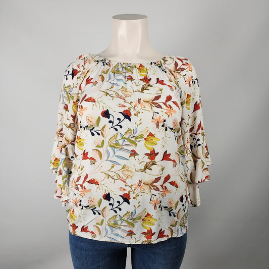 Papillon White Floral Flare Sleeve Top Size 7