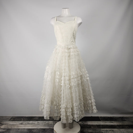 Vintage Cream Lace Ruffle Tulle Skirt Tea Length Gown Dress Size S/M
