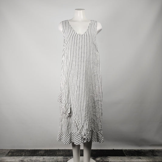 Lord & Taylor White Striped Linen Ruffle Dress Size L