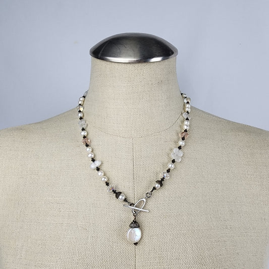 925 Sterling Silver Freshwater Pearl Quartz Beaded Toggle Necklace