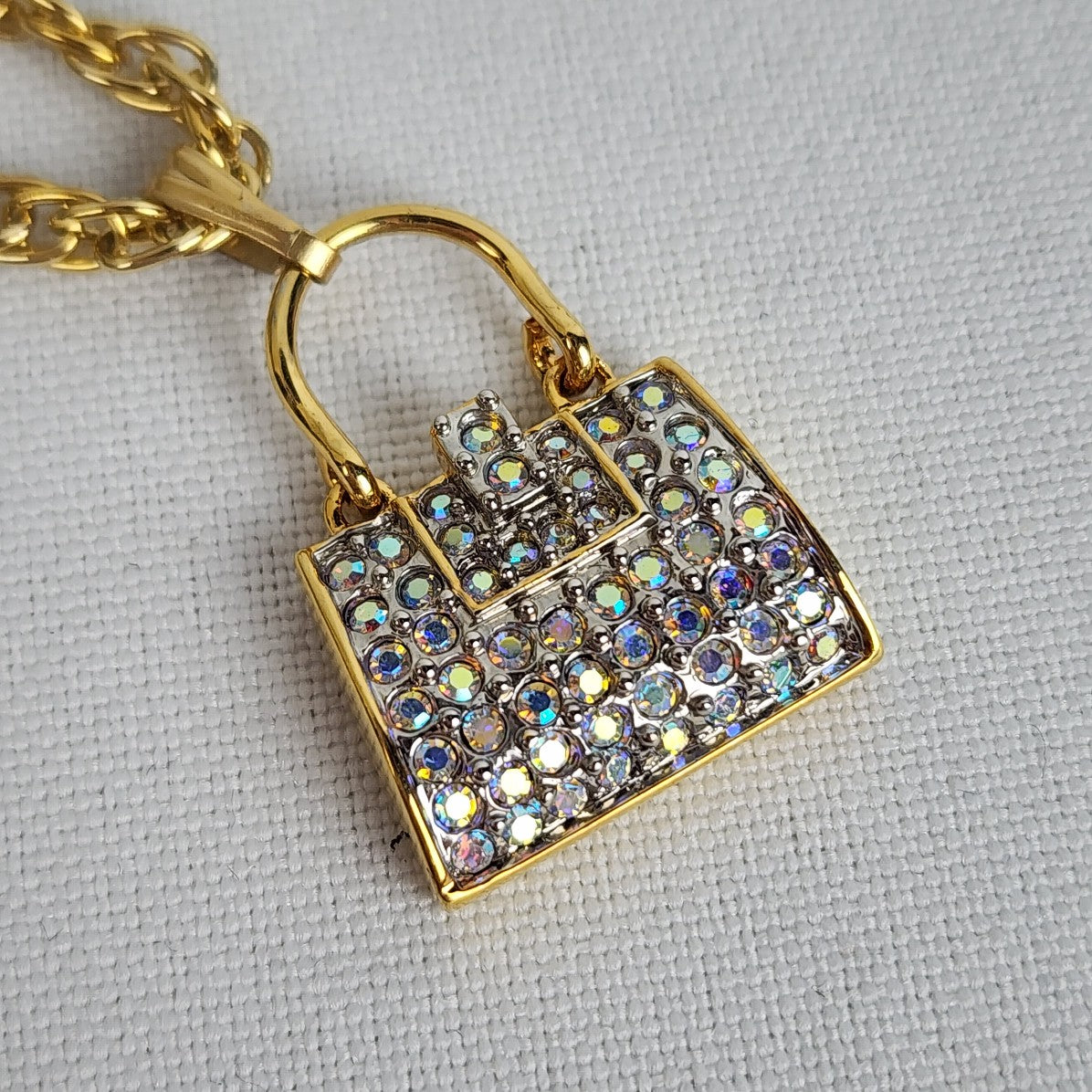 Gold Tone AB Rhinestone Purse Pendant Chain Necklace