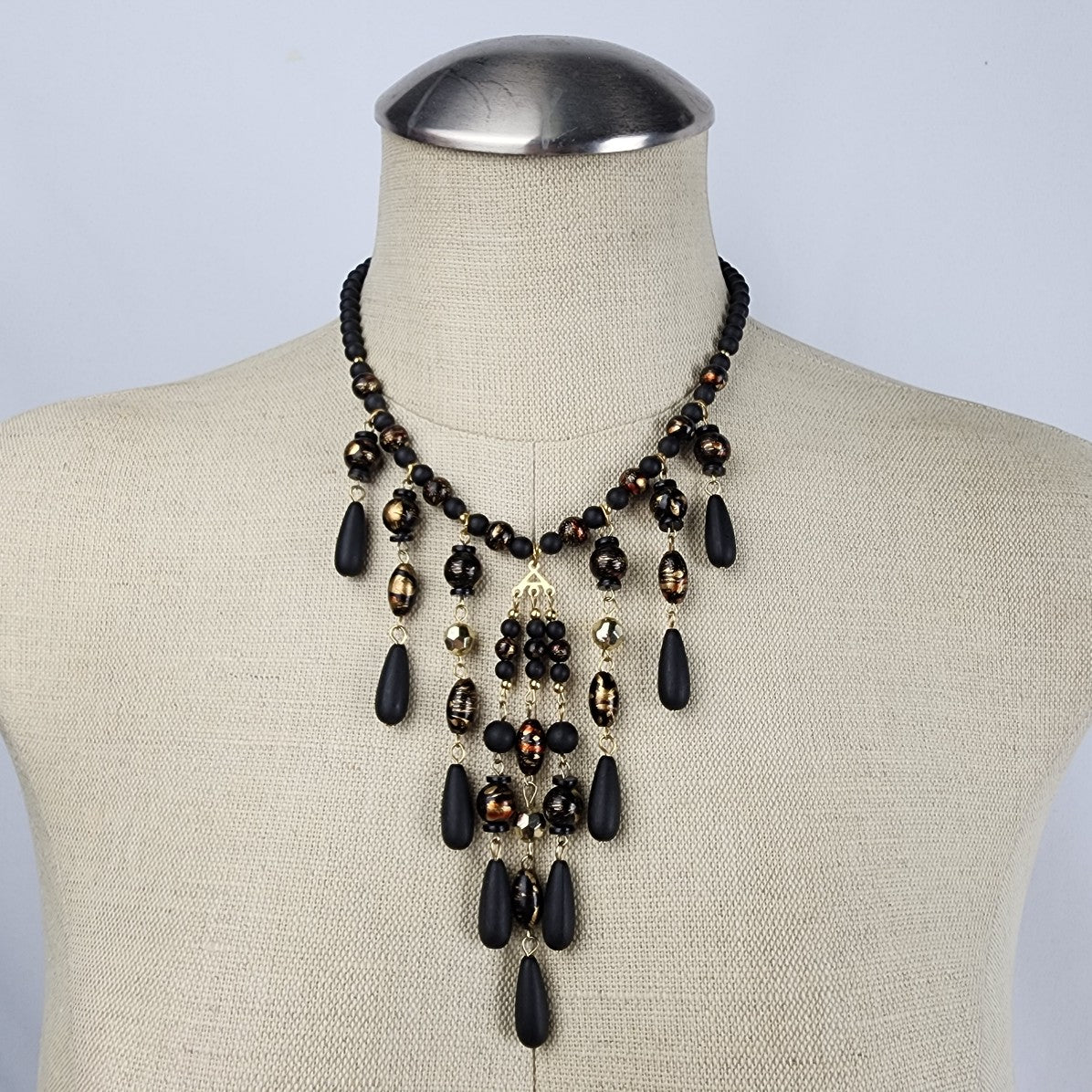 Vintage Black & Gold Chandelier Beaded Necklace