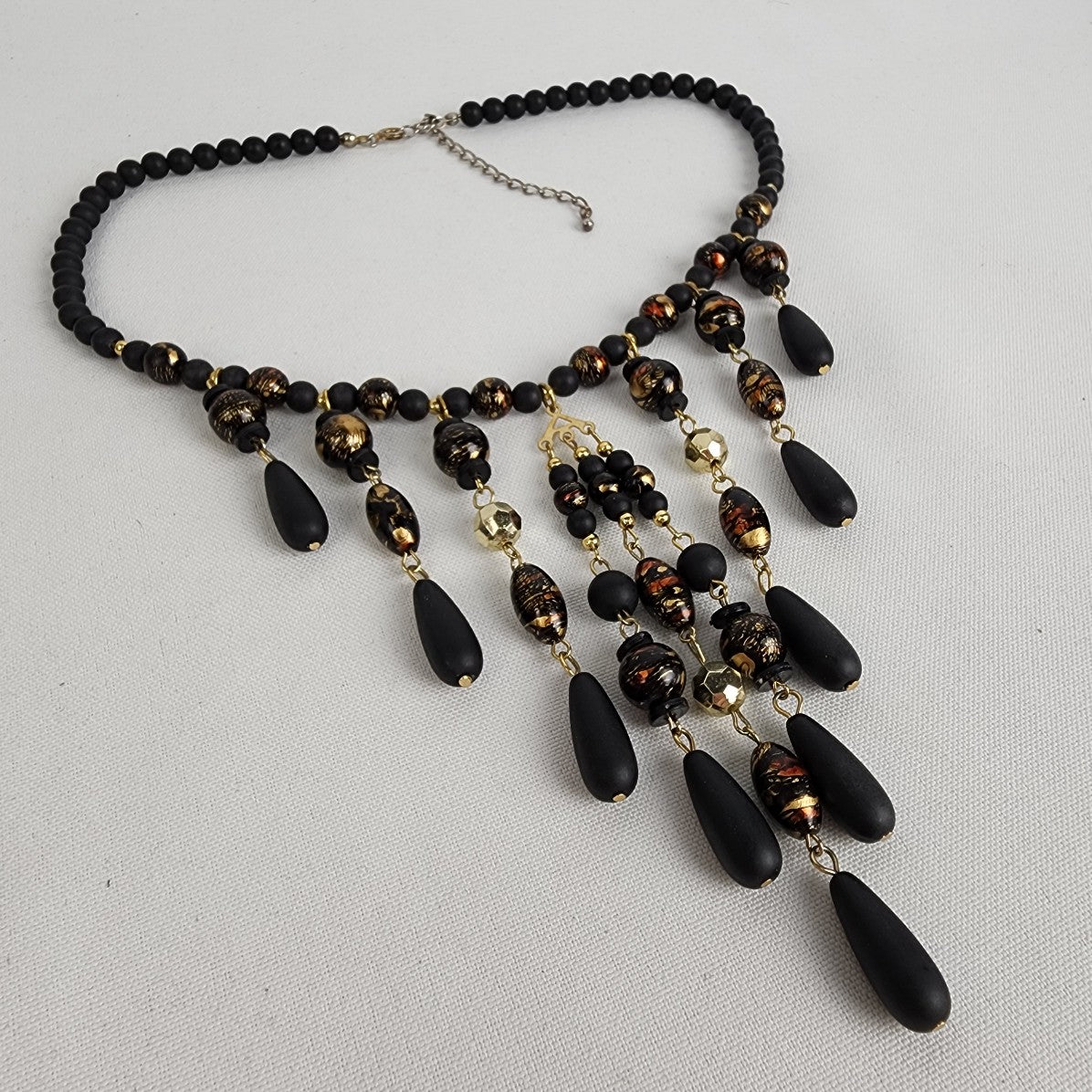 Vintage Black & Gold Chandelier Beaded Necklace