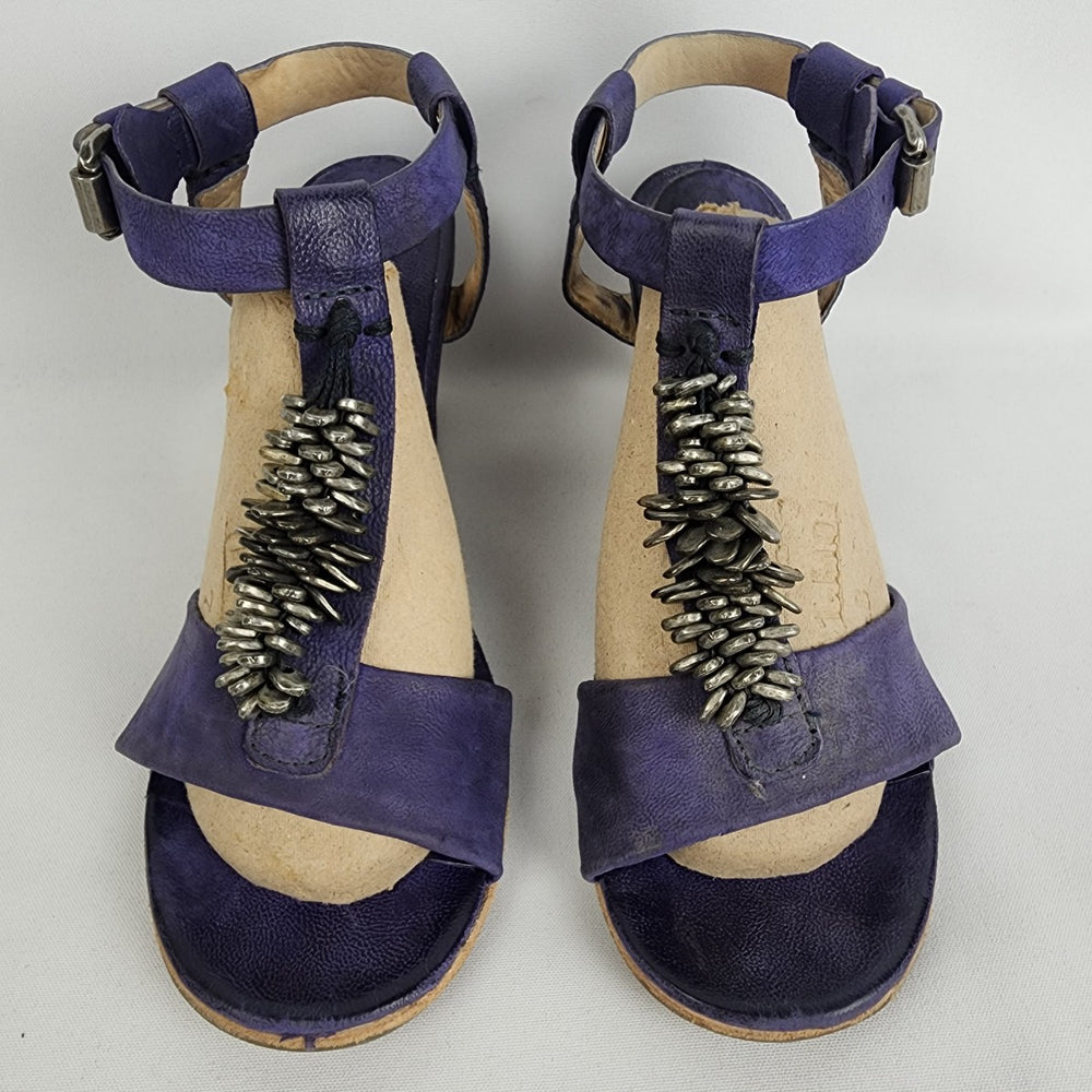 AS98 Violet Purple Leather Wedge Heel Sandals Size 8