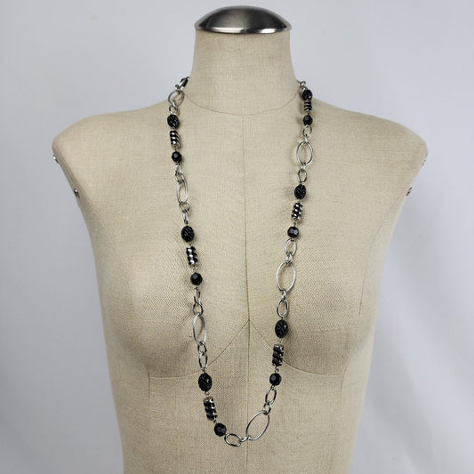 Lia Sophia Black & Silver Beaded Long Necklace & Earring Set