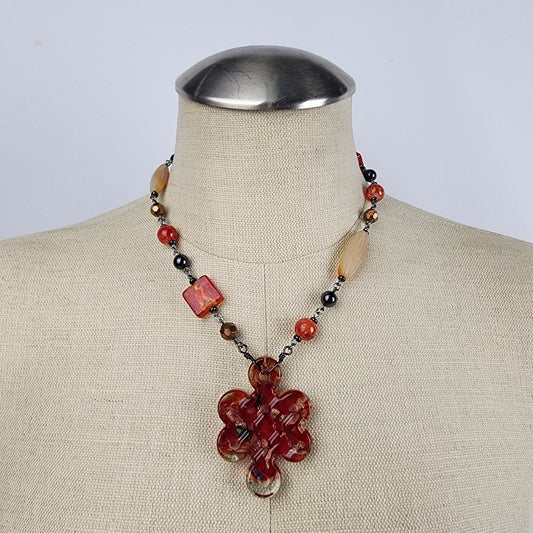 Red Glass Flower Pendant Chain Beaded Necklace & Earring Set