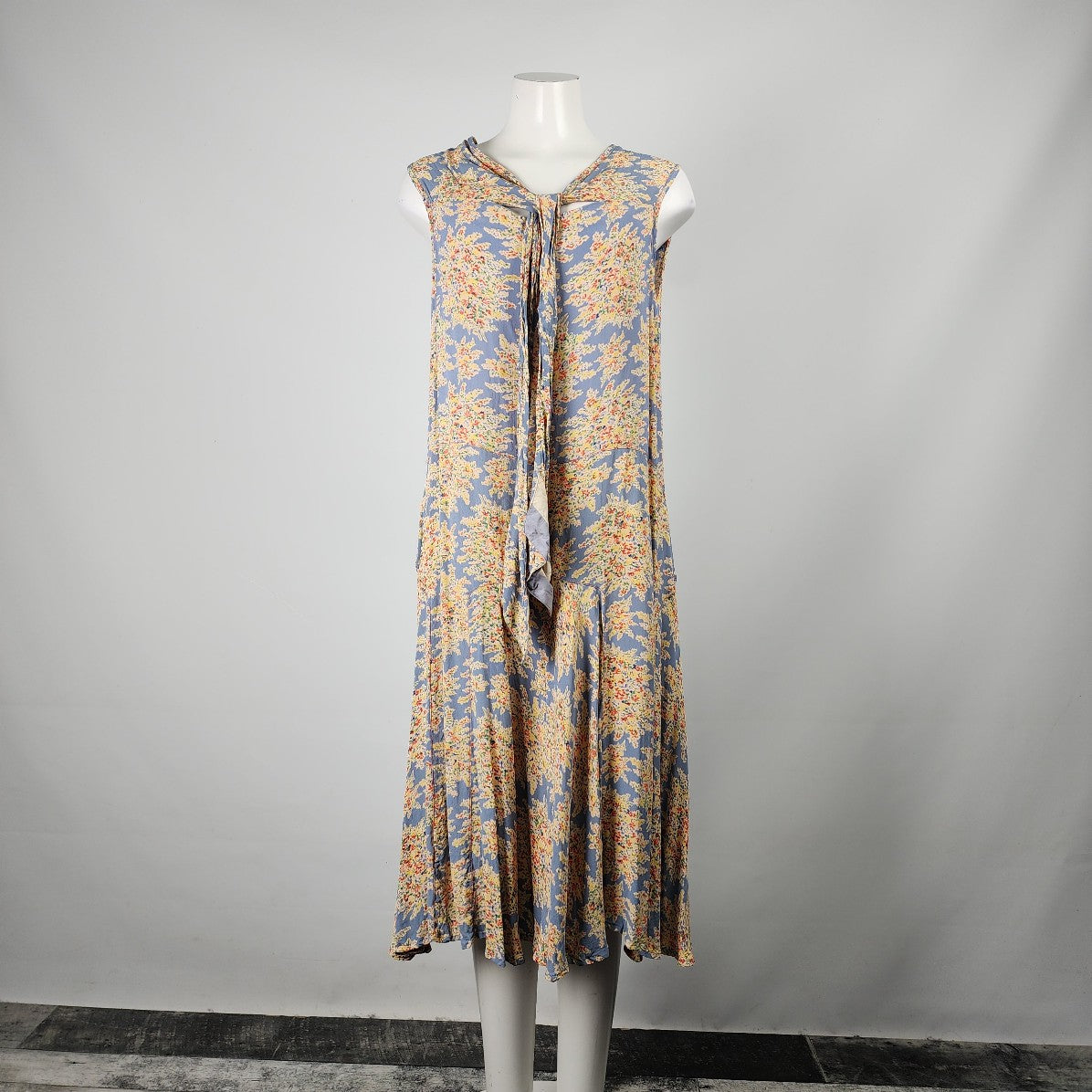 April Cornell Blue Floral Sleeveless Midi Dress Neck Tie Dress Size L