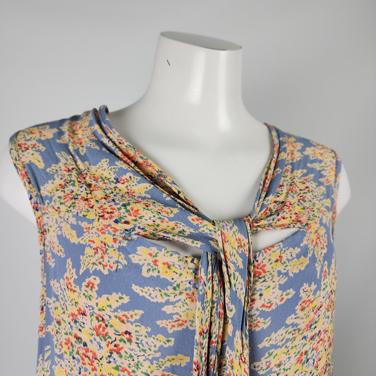 April Cornell Blue Floral Sleeveless Midi Dress Neck Tie Dress Size L