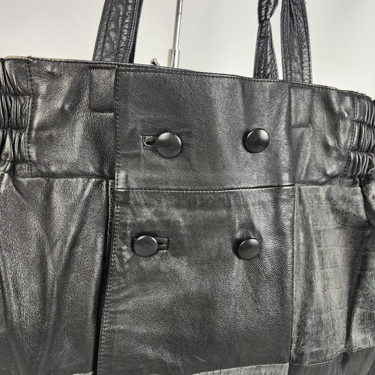 Vintage SR Leader Modern Black Leather Fringe Patchwork Purse