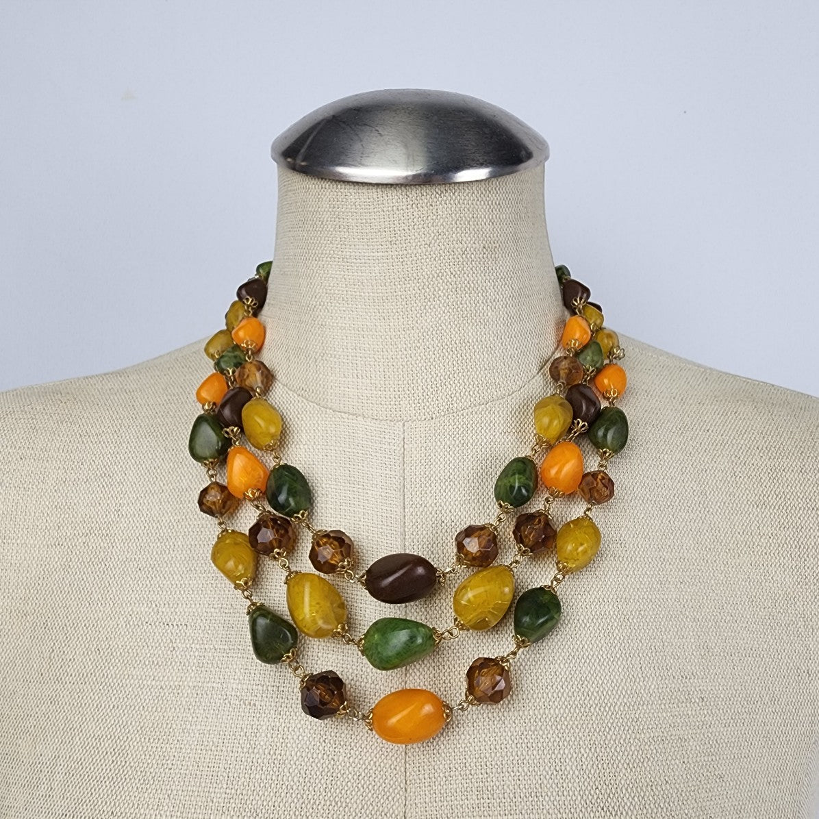 Vintage Japan Orange Green Layered Beaded Necklace