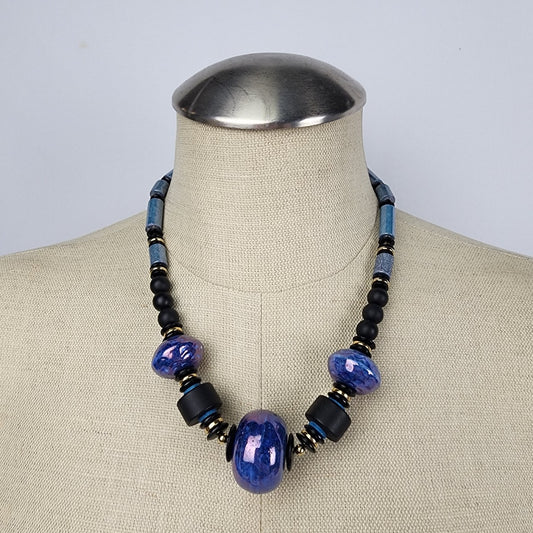 Vintage Blue Metallic Chunky Beaded Necklace