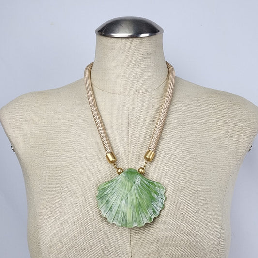 Vintage Green Resin Shell Pendant Beige Chord Necklace