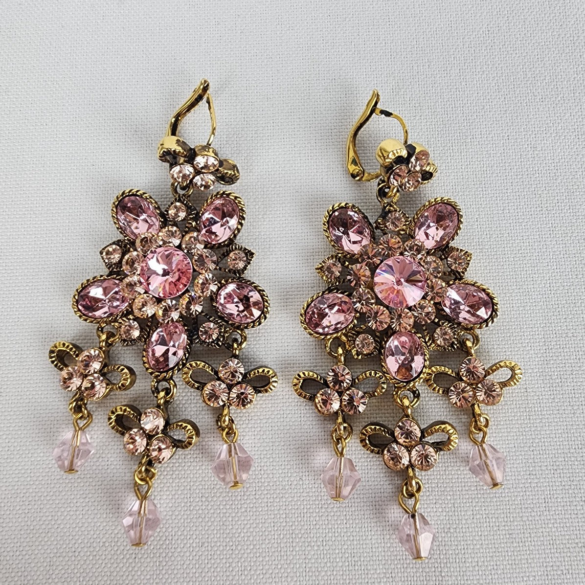 Pink Rhinestone Gold Tone Chandelier Floral Earrings