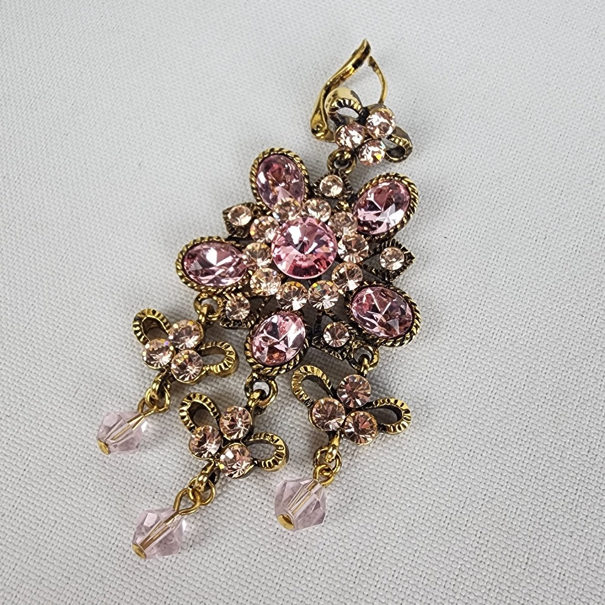 Pink Rhinestone Gold Tone Chandelier Floral Earrings