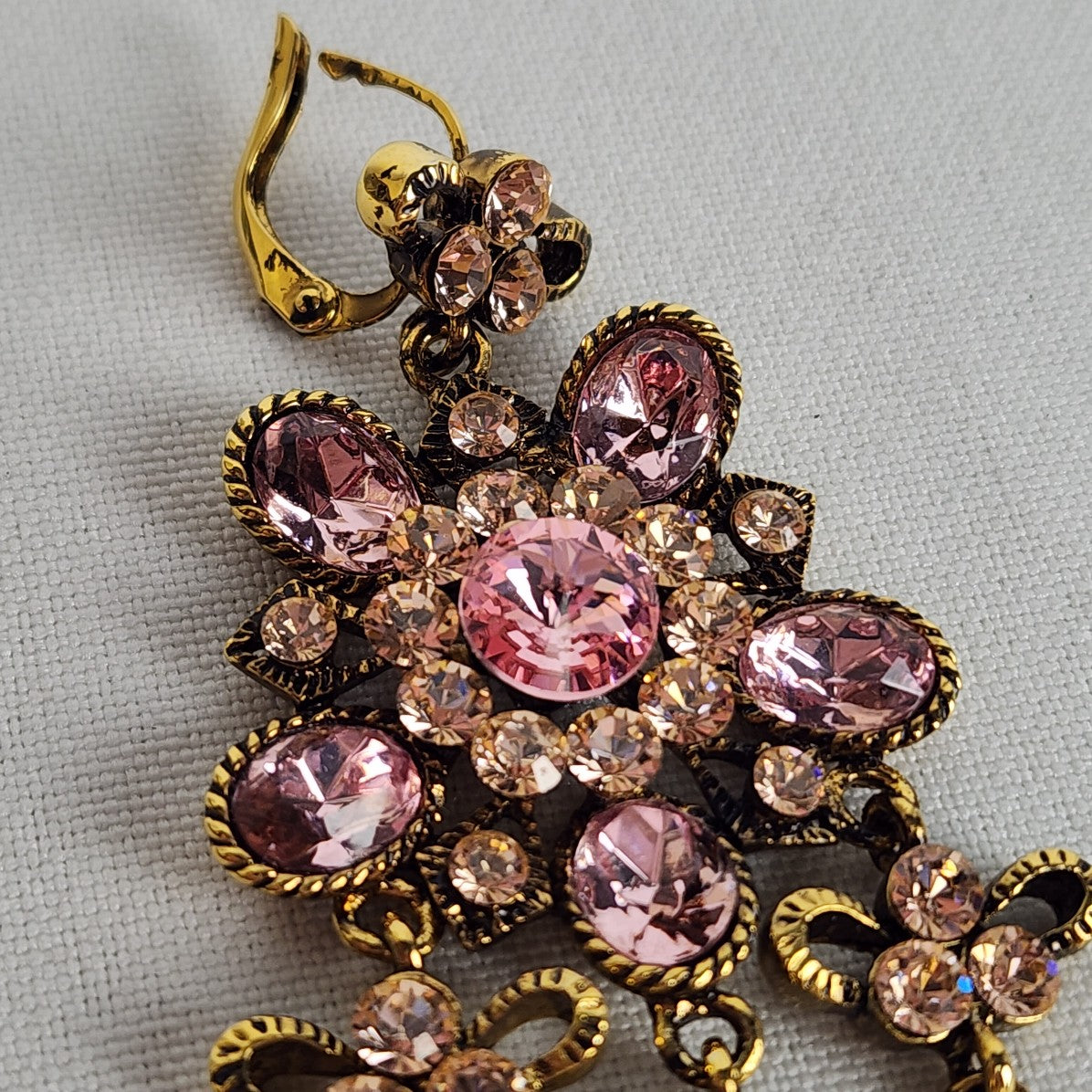 Pink Rhinestone Gold Tone Chandelier Floral Earrings