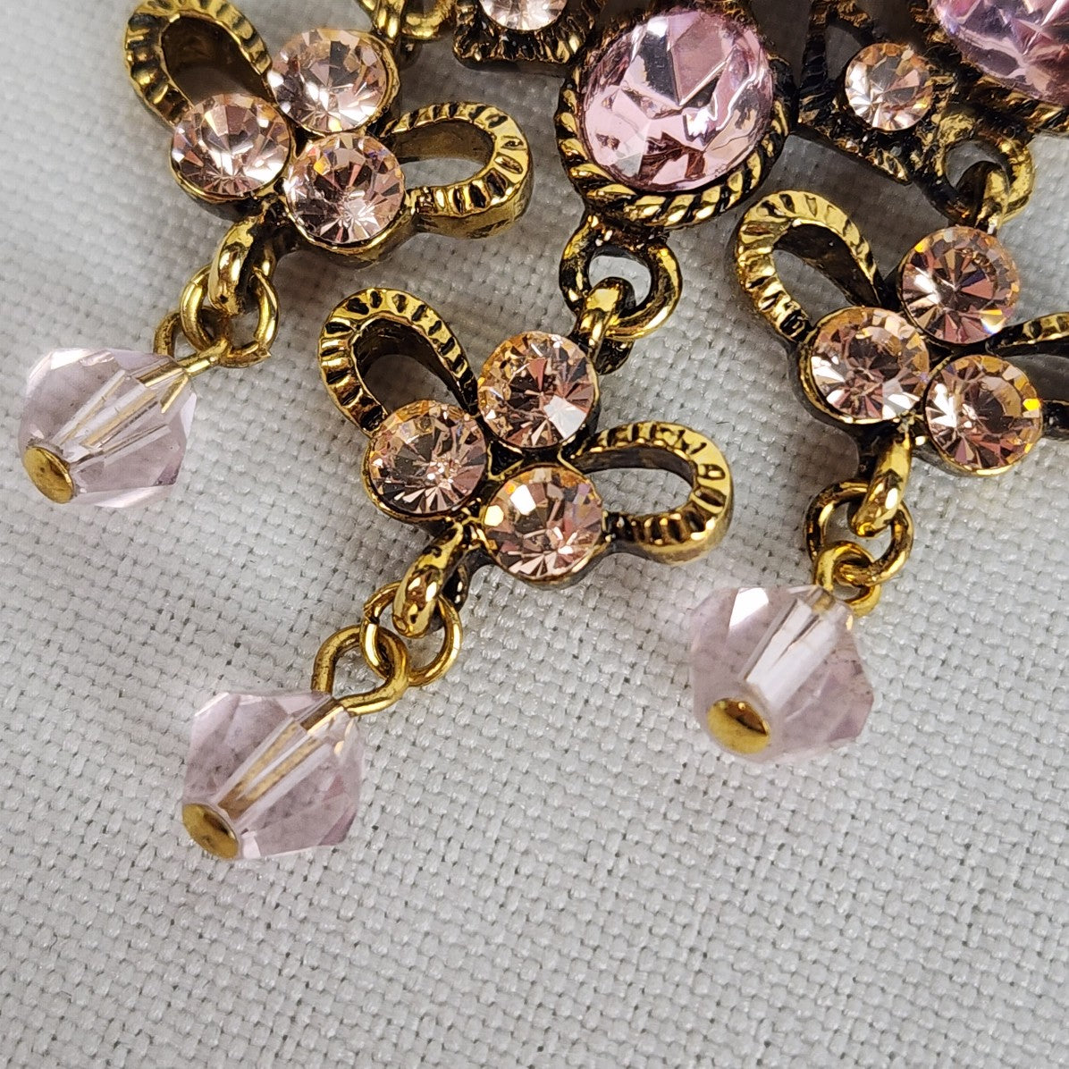 Pink Rhinestone Gold Tone Chandelier Floral Earrings