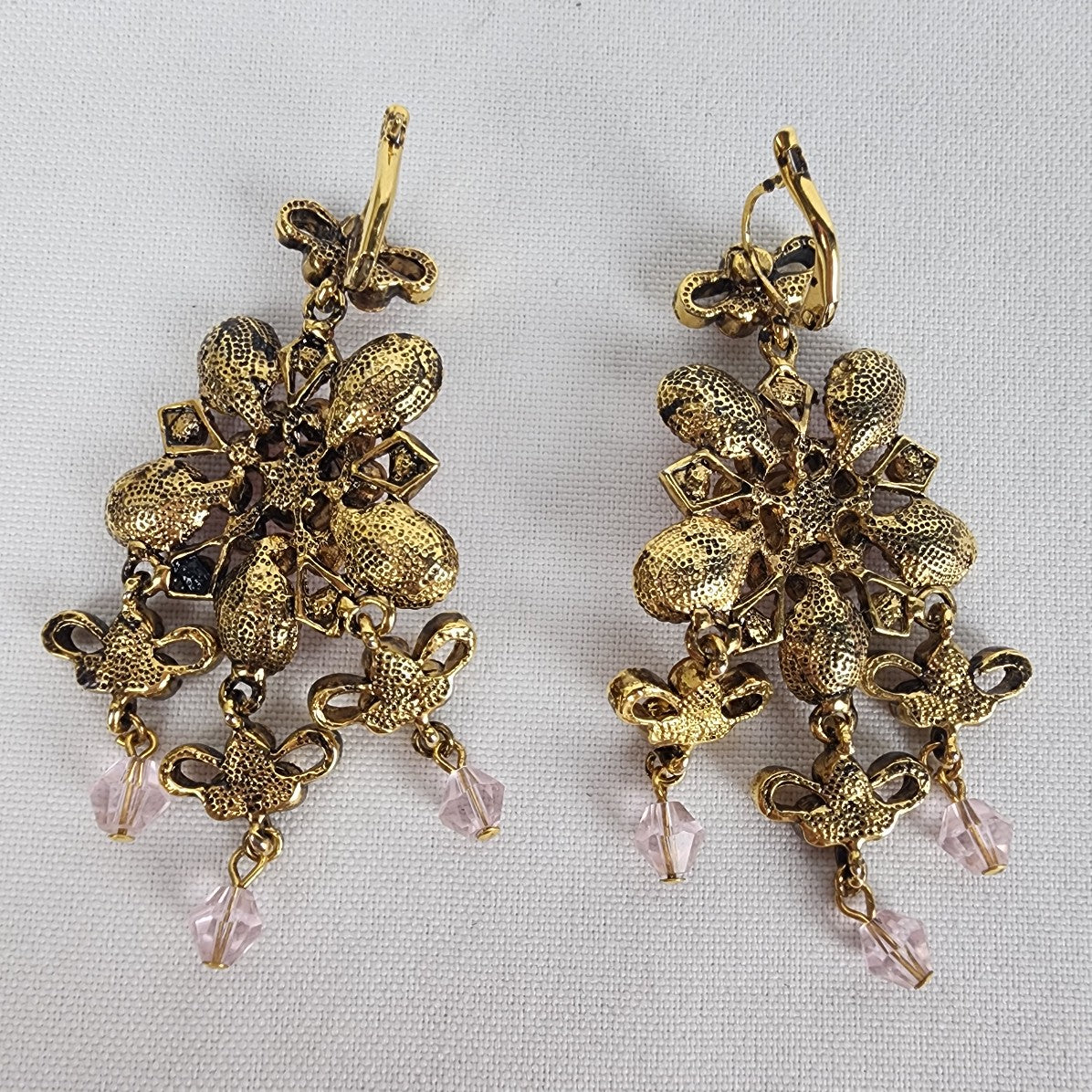 Pink Rhinestone Gold Tone Chandelier Floral Earrings