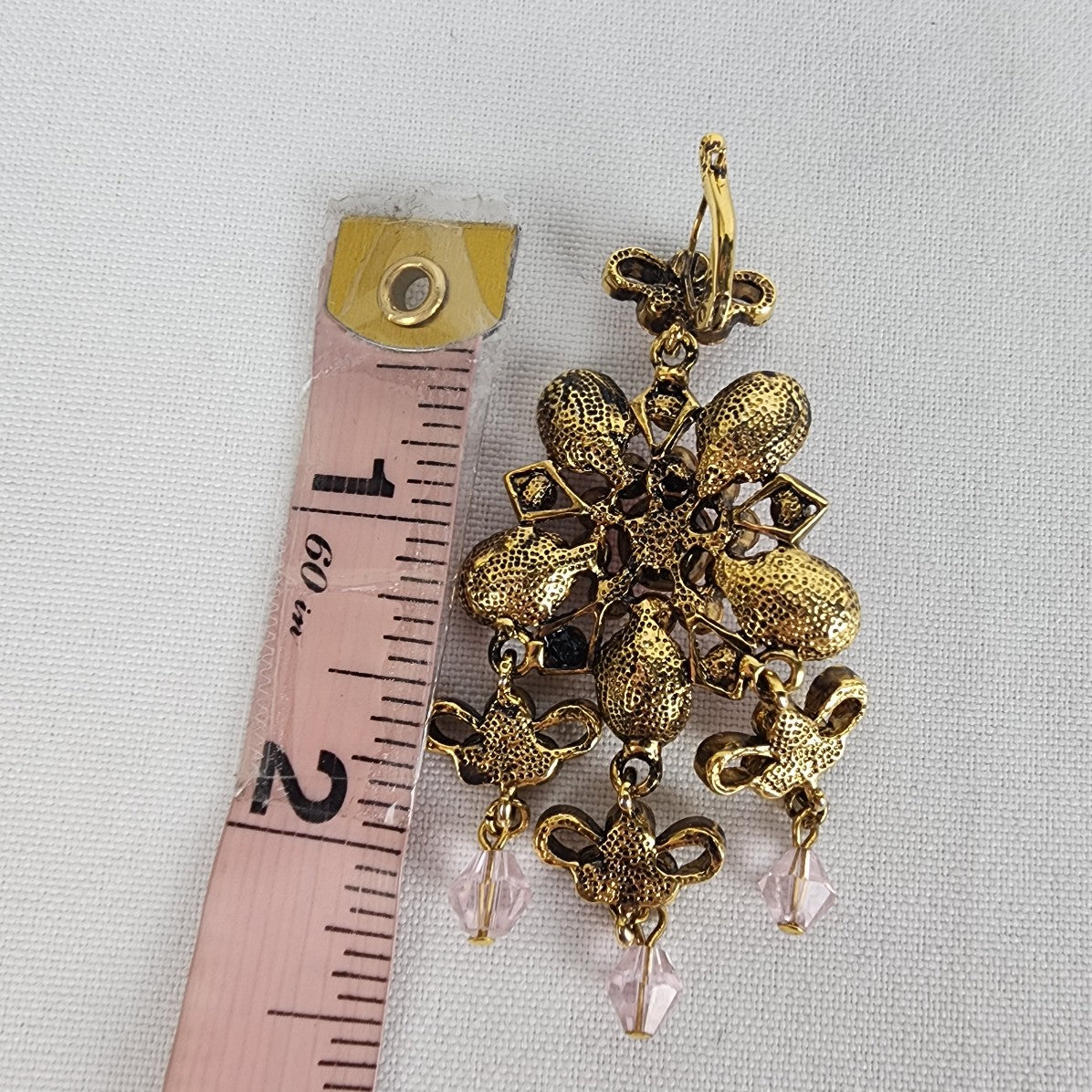 Pink Rhinestone Gold Tone Chandelier Floral Earrings