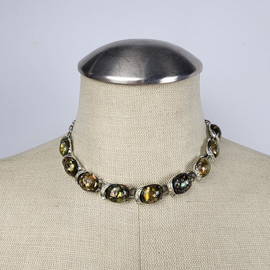 Vintage Coro Crackle Glass Green & Silver Collar Necklace