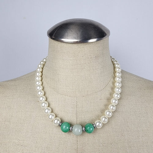 Faux Pearl Green Natural Stone Beaded Necklace Bracelet Set