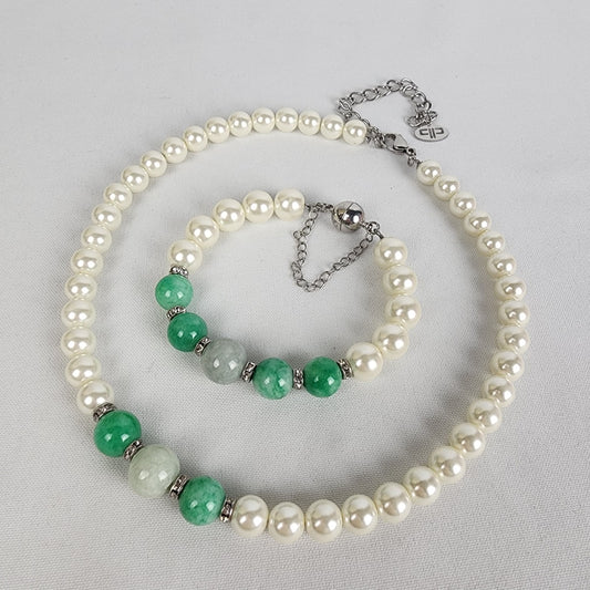 Faux Pearl Green Natural Stone Beaded Necklace Bracelet Set