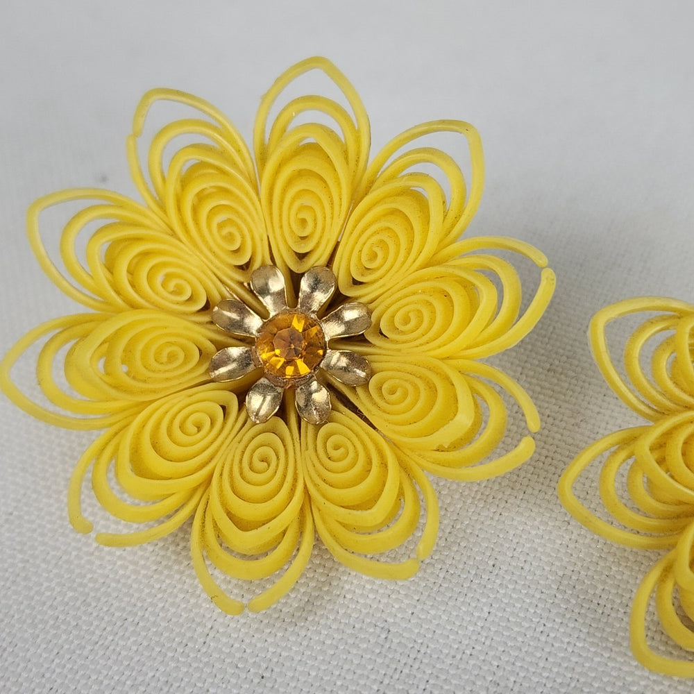 Vintage Yellow Celluloid Floral Clip On Earrings