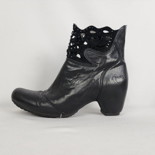 Mamzelle Black Leather Laser Cut Ankle Boots Size 10.5