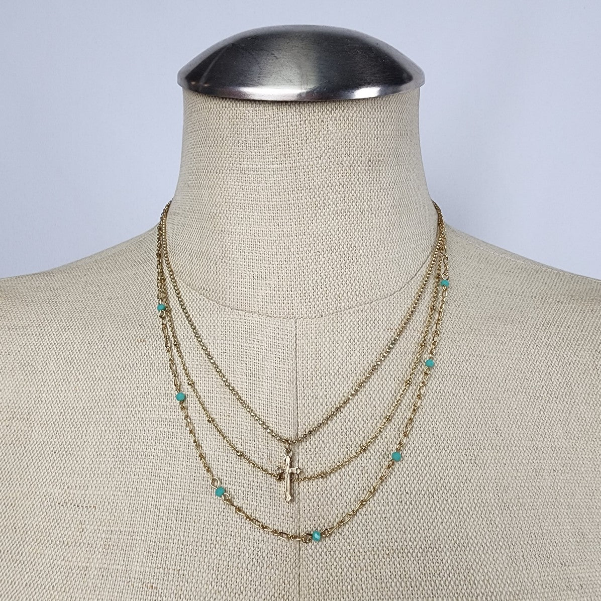 Gold Tone Turquoise Beaded Layered Chain Necklace