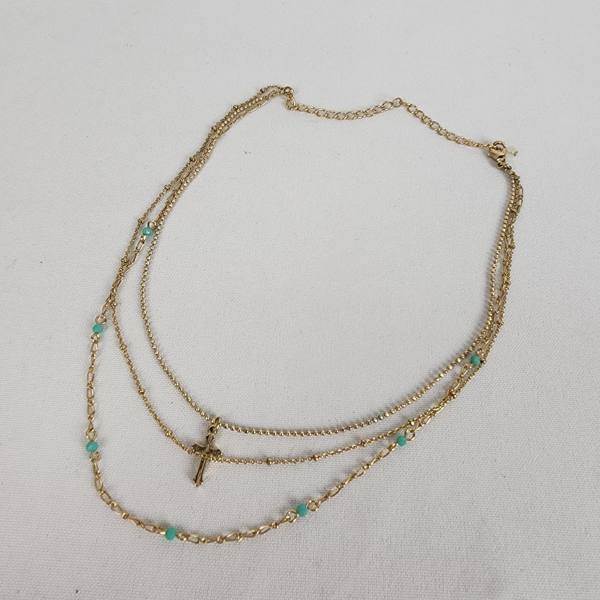 Gold Tone Turquoise Beaded Layered Chain Necklace