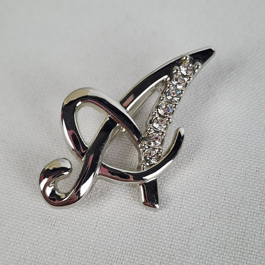 Vintage Silver Rhinestone Initial A Brooch