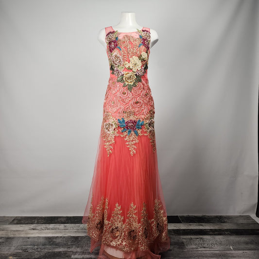 Coral Embroidered Floral Long Gown Size M