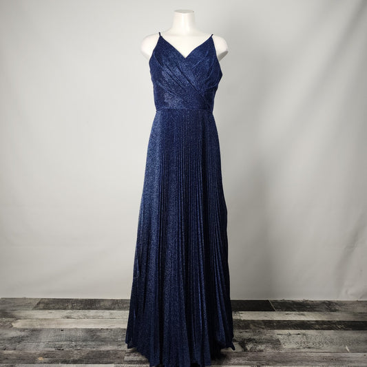 Christina Wu Navy Blue Sparkle Pleated Gown Size 12