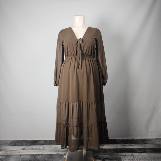 Luukse Brown Chiffon Tiered Maxi Dress Size XL