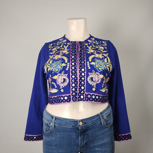 Soft Surroundings Blue Floral Embroidered Cropped Jacket Size XL