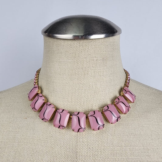 Vintage Pink & Black Swirl Glass Rhinestone Collar Necklace