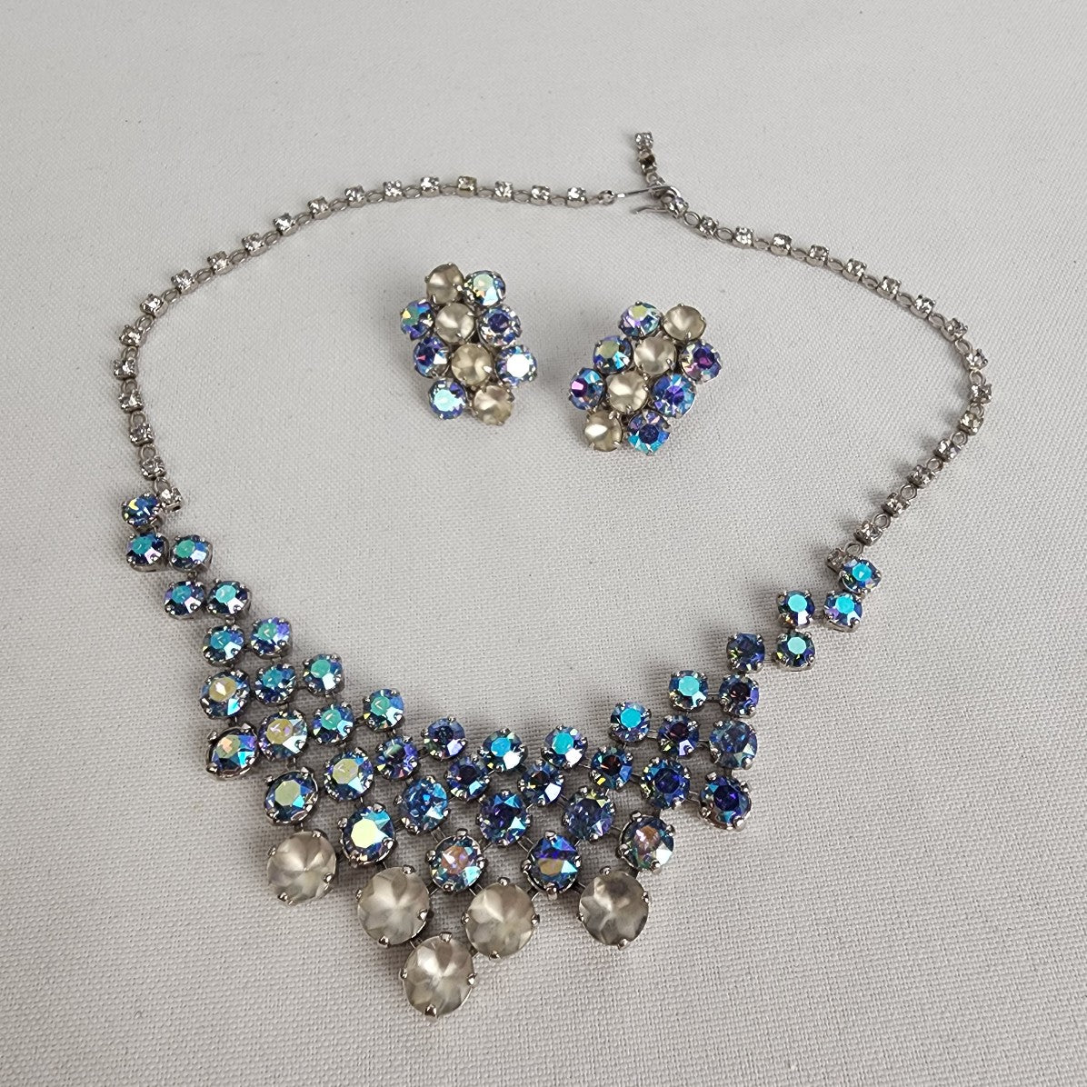 Vintage Crystal Necklace and Clip-On Earring Set - Sparkling Rhinestone Jewelry