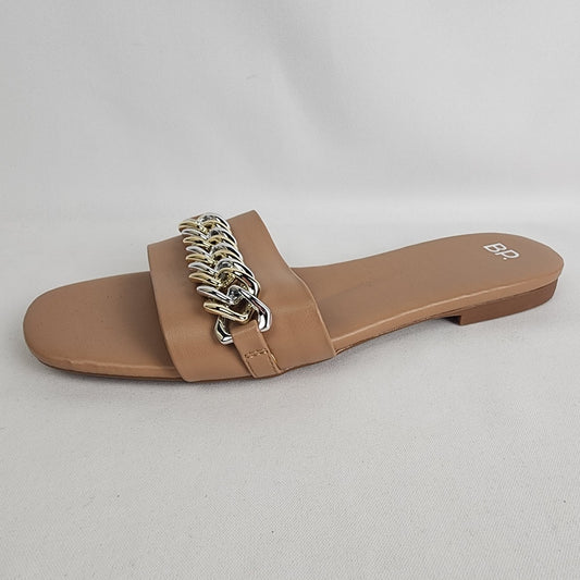 BP. Asher Slide Sandals with Chain Detail - Beige, Size 10