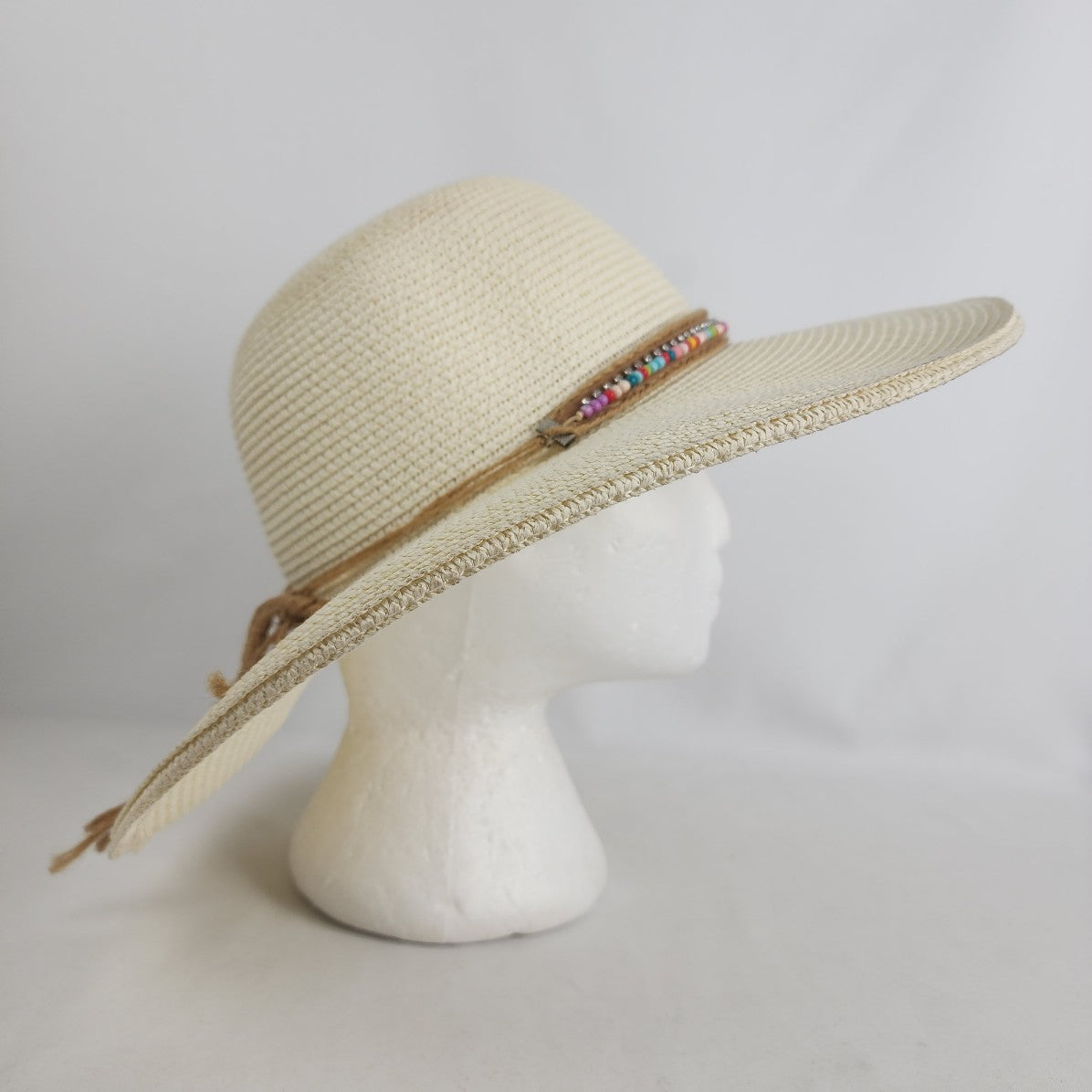 Royale Road Trading Co Cream Sun Hat - Beaded Band, Wide Brim