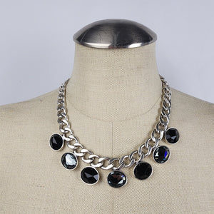 A&C Silver Tone Necklace with Black Faceted Stones - Statement Jewelry