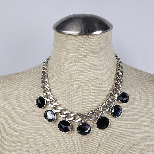 A&C Silver Tone Necklace with Black Faceted Stones - Statement Jewelry