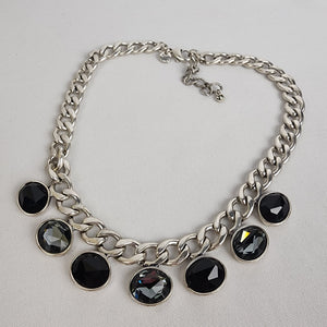 A&C Silver Tone Necklace with Black Faceted Stones - Statement Jewelry