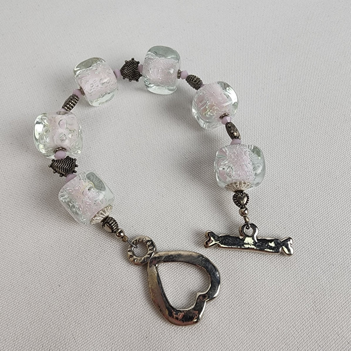 Handcrafted Glass Beaded Toggle Bracelet - Heart Charm