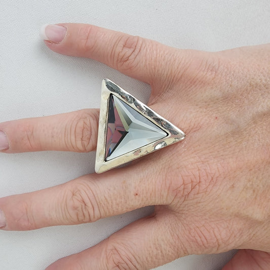 A&C Adjustable Ring with Large Faceted Triangle Glass Stone